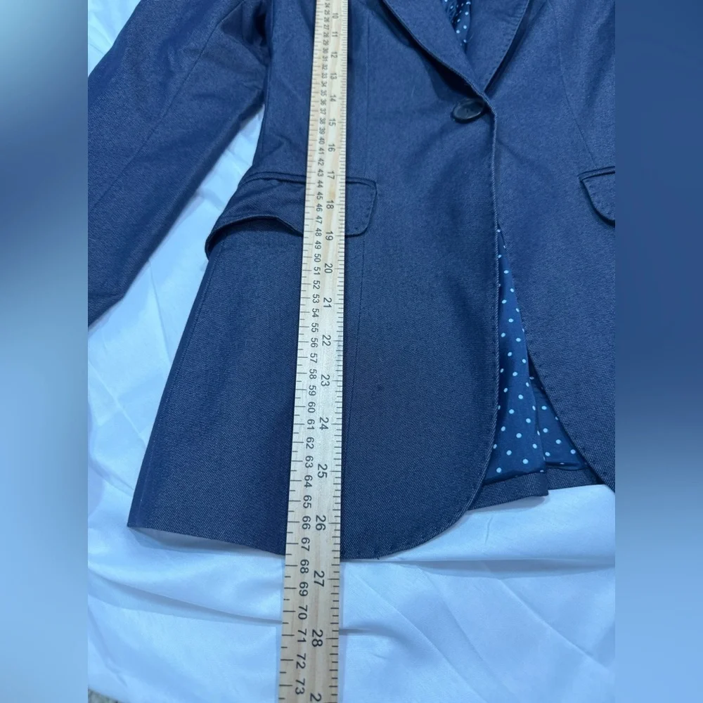 H&M Navy Blue‎ Open Front Tailored Blazer Jacket Women’s 4 Polka Dot Workwear - Picture 2 of 9